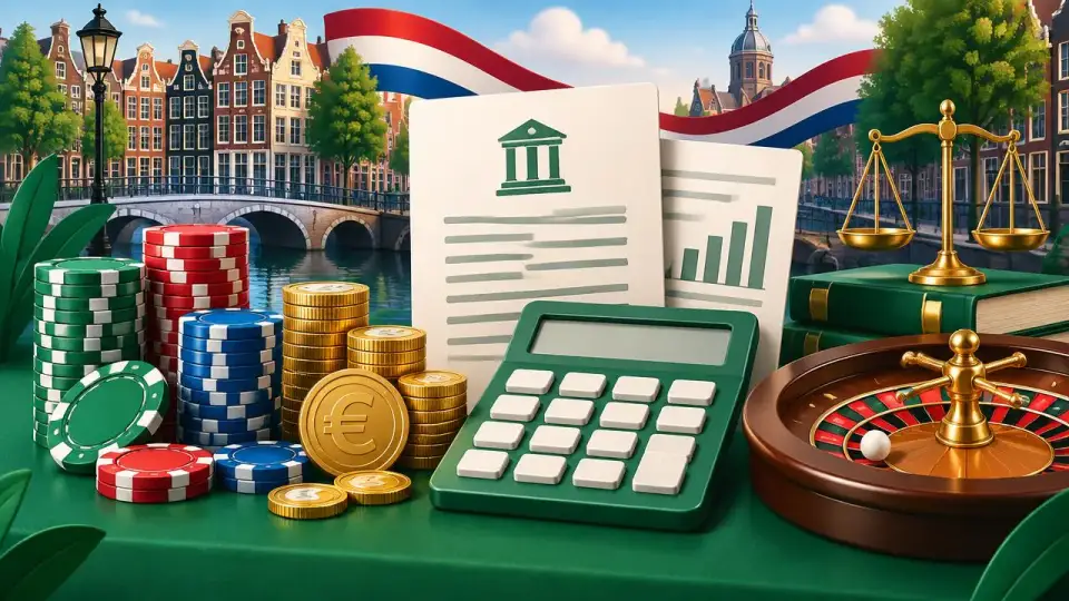 Cartoon van een rekenmachine, euromunten en belastingmap als beeld van belasting over winst bij een casino zonder Cruks
