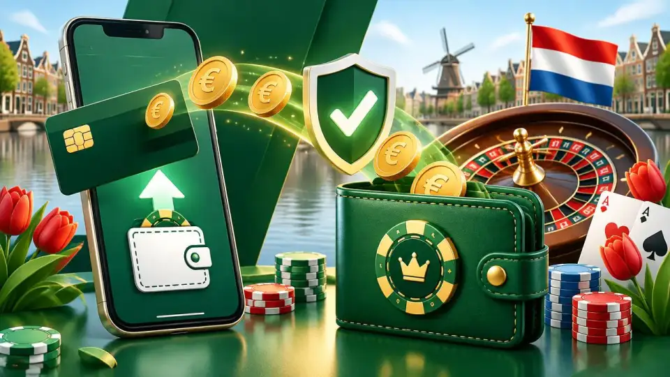 Cartoon van smartphone, bankpas, crypto wallet en euromunten als betaalmethoden bij een casino zonder Cruks met iDEAL