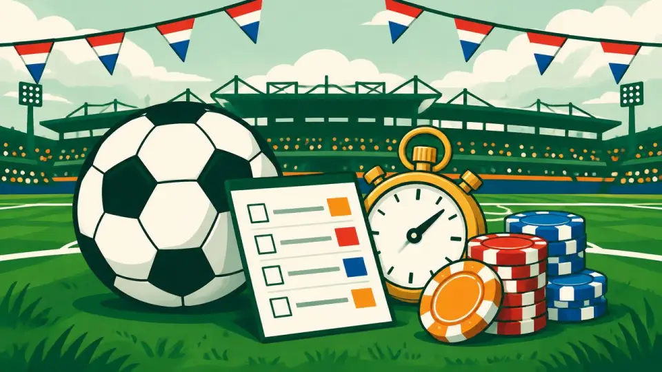 Cartoon van een voetbal, wedbriefje, stopwatch en fiches in een stadion met Nederlandse vlaggetjes als beeld van bookmakers zonder Cruks