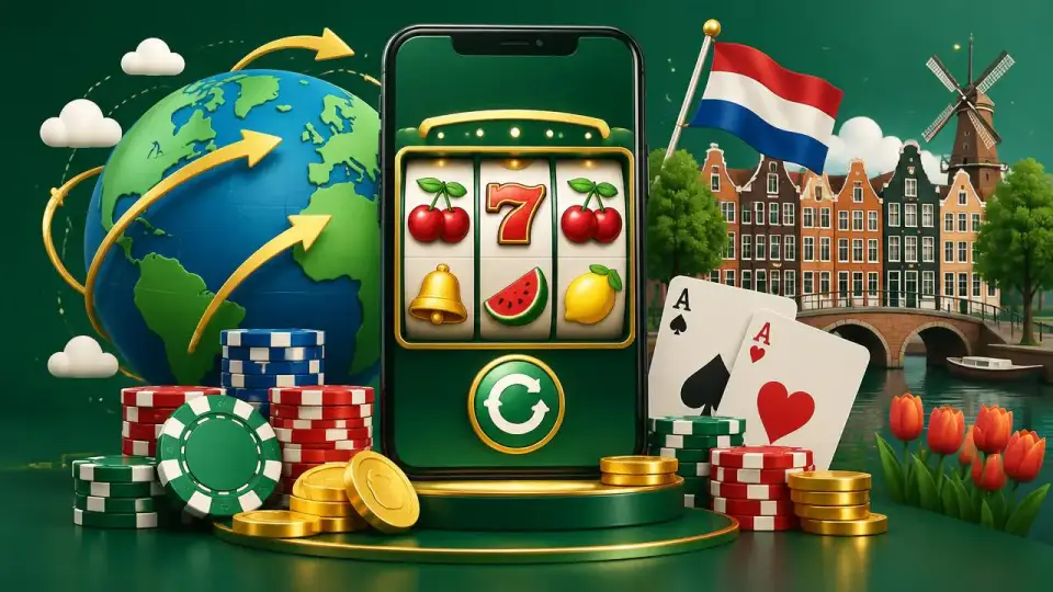 Cartoon van een buitenlands online casino zonder Cruks met internationale bestemmingen en een Nederlandse vlag