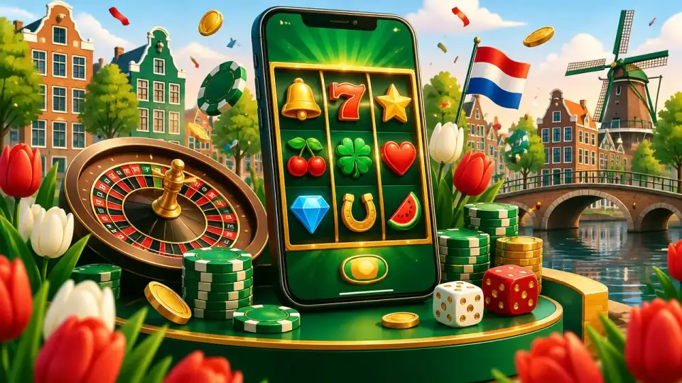 Cartoon van mobiel spelen bij een online casino zonder Cruks op een smartphone aan een Amsterdamse gracht