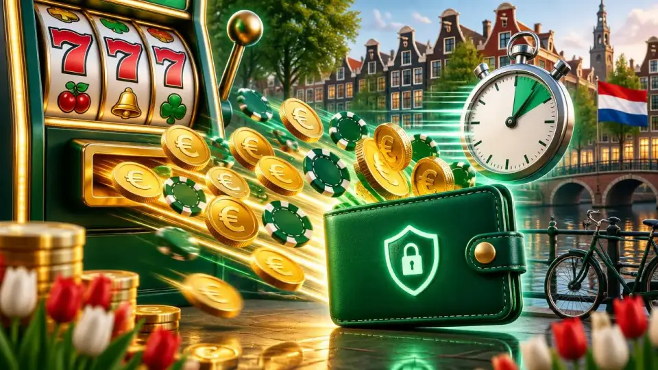 Cartoon van een digitale wallet, stopwatch en euromunten als beeld van een casino zonder Cruks met snelle uitbetaling