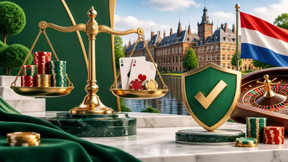 Cartoon van een weegschaal en juridisch dossier bij het Binnenhof als beeld van de Nederlandse kansspelwet
