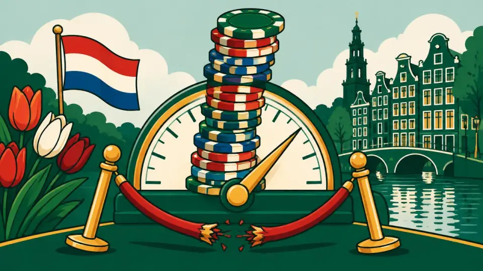Cartoon van casinofiches boven een meter zonder maximum en een doorgeknipt koord als beeld van een casino zonder stortingslimiet en zonder Cruks