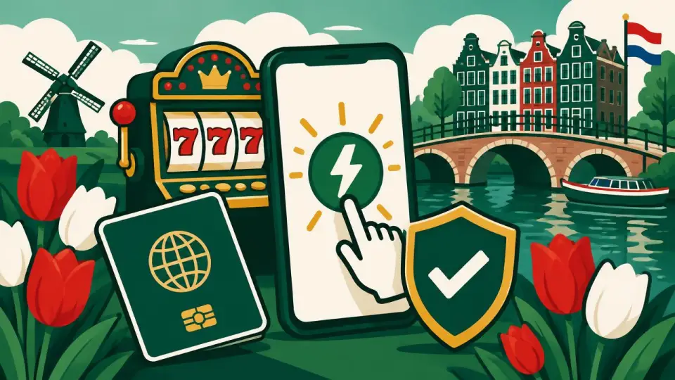 Cartoon van een smartphone met snelle login, gokautomaat en paspoort als beeld van een casino zonder registratie en zonder Cruks