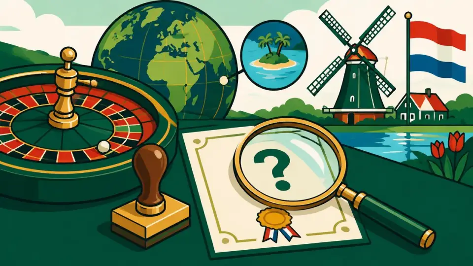 Cartoon van een roulettewiel, stempel en licentiecertificaat onder een vergrootglas als beeld van een casino zonder Nederlandse vergunning